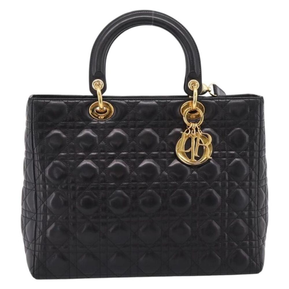 Christian Dior Vintage Lady Dior Cannage Quilt Lambskin Black Leather Handbag